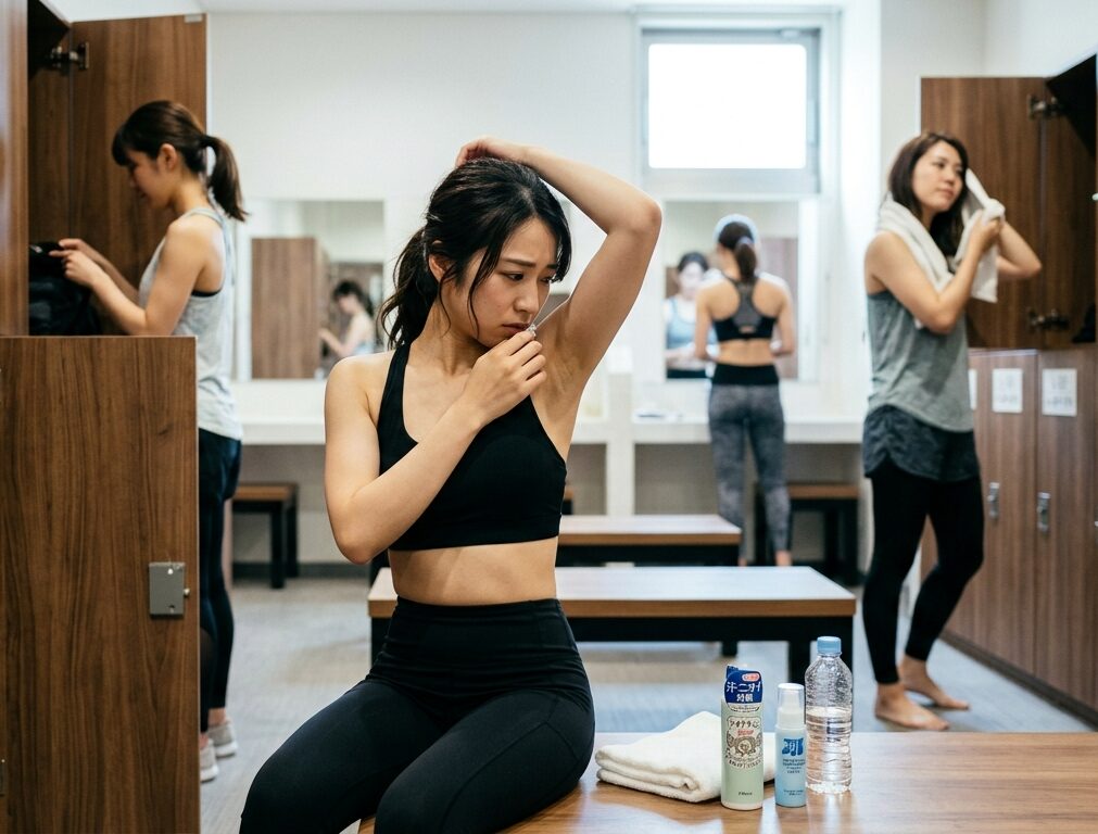 人がいる更衣室で体臭を気にしている女性の様子