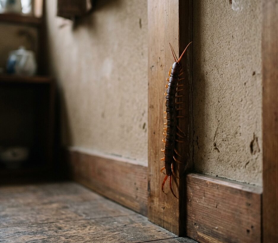 室内の隅に現れたムカデの行動を示したイメージ