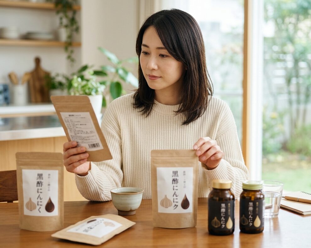 黒酢にんにくサプリを比較しながら選び方を検討している様子