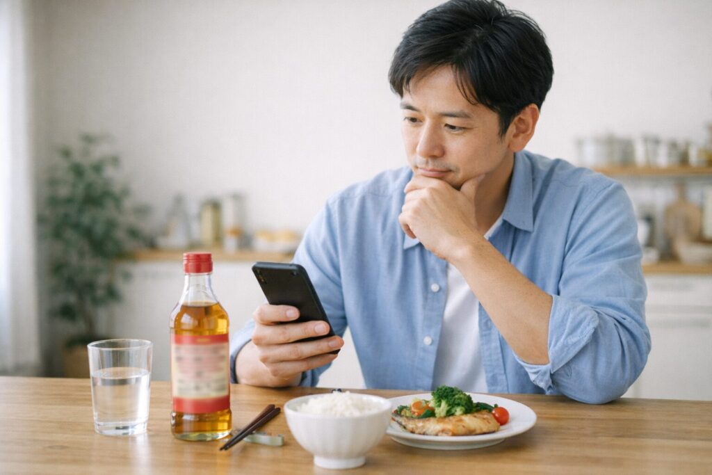 黒酢やリンゴ酢の飲み方を考えながら準備している様子