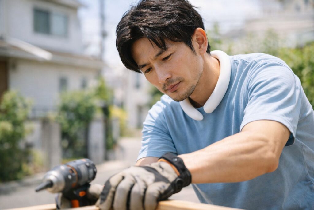 暑い屋外でアイスリングを使いながら作業している様子