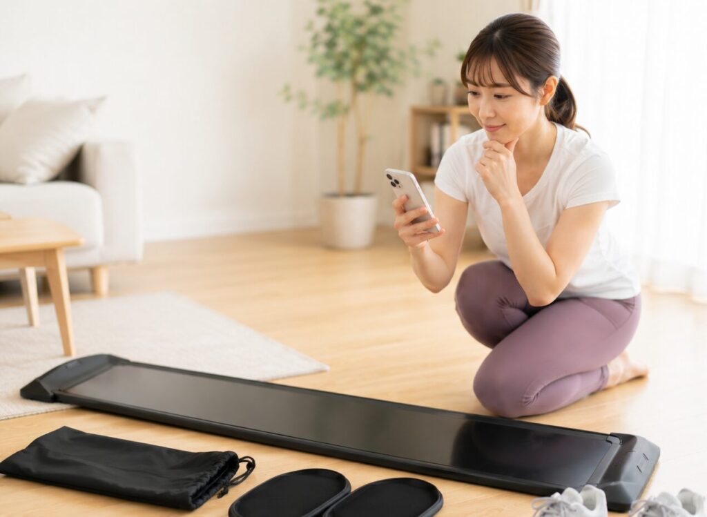 スライドボードの効果と口コミを調べている女性の様子