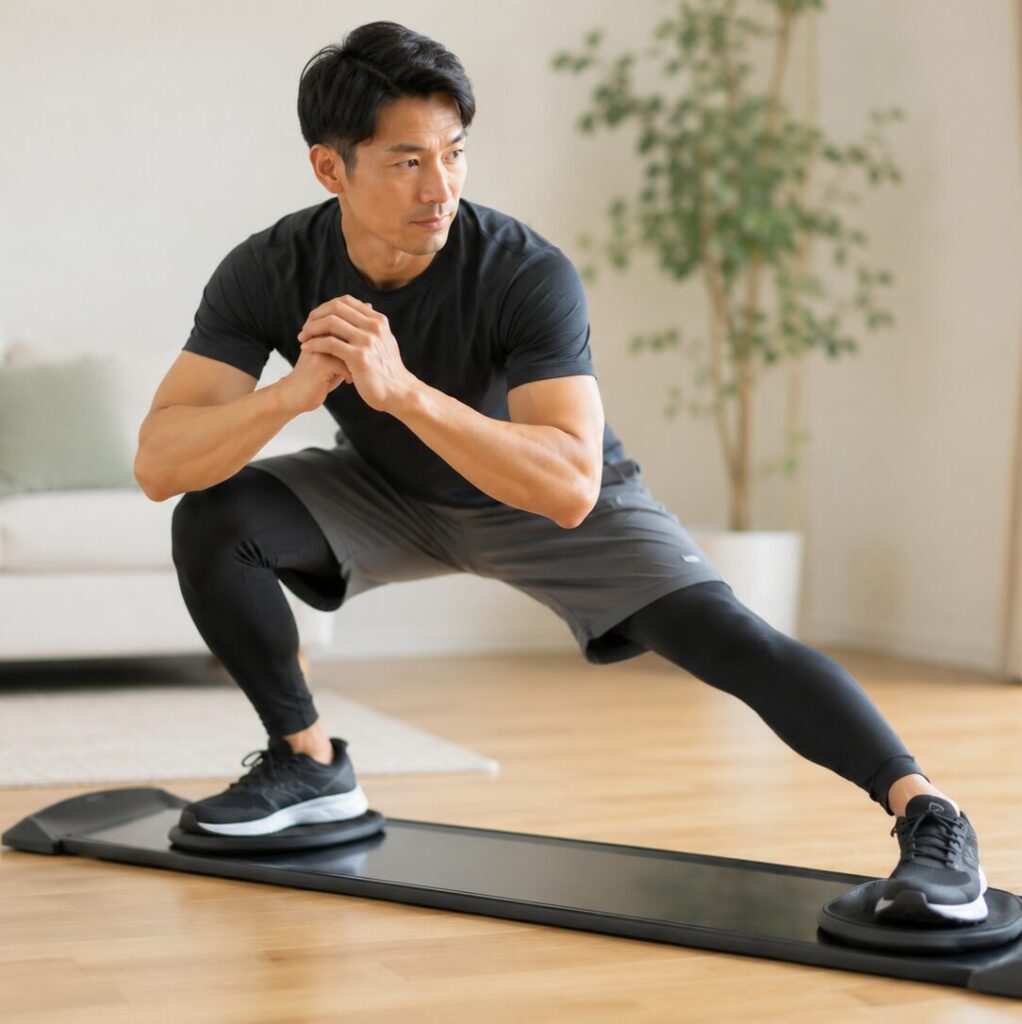 スライドボードの効果と口コミを実感している男性の様子