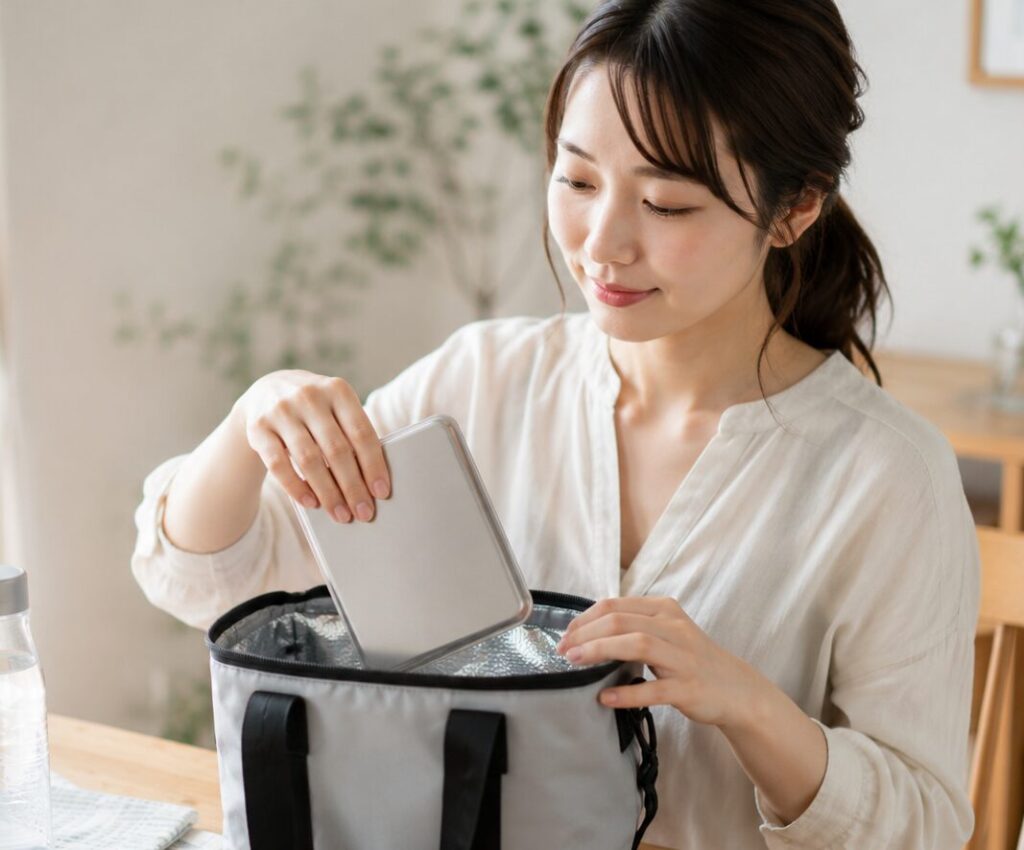 ステンレス保冷剤の違いを確認している様子