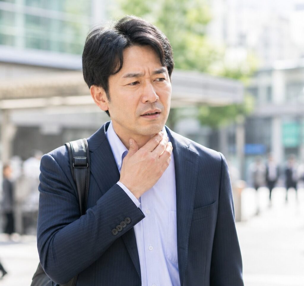 のどぬーるスプレーを使おうか悩んでいる男性の様子