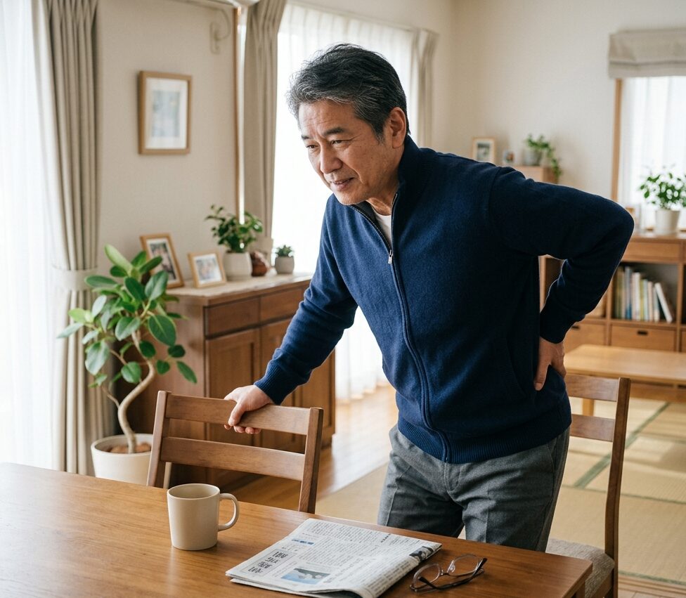 60代男性が腰に不安を抱えている様子