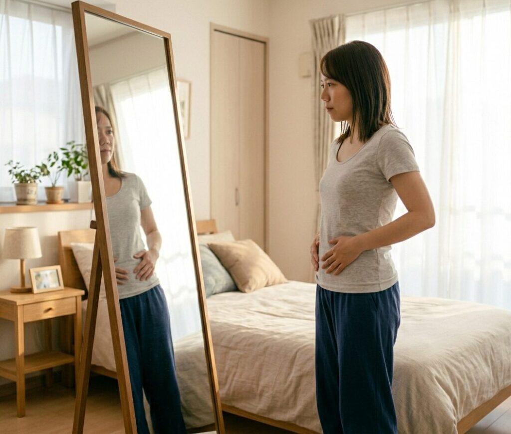 スライドボードで痩せたか確認している様子