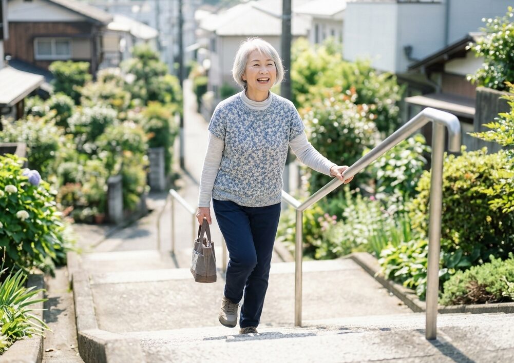 60代女性が階段を軽快に上っている様子