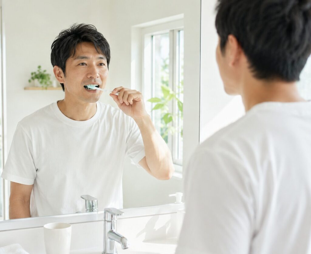 リステイン紫で歯磨きをしている様子。