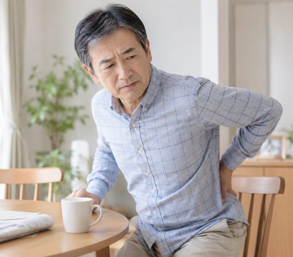 こしを痛そうにしている男性の様子